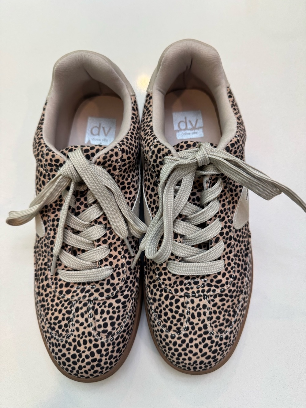 DV by Dolce Vita Leopard Spot Lace-Up Sneakers in Beige and Black